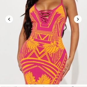 🔥Fashion Nova Dress Maxi Vibrant Pink Orange Aztec Print Knit Lace-Up S